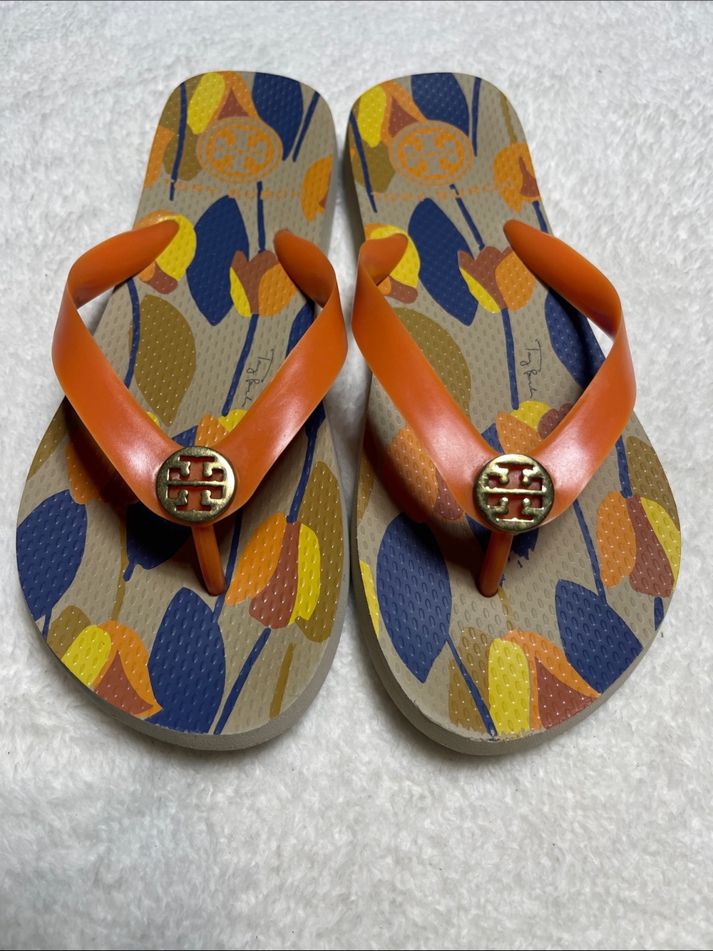 Tory Burch Orange Logo Flip Sandals with Multicolor Floral Footbed Size 8